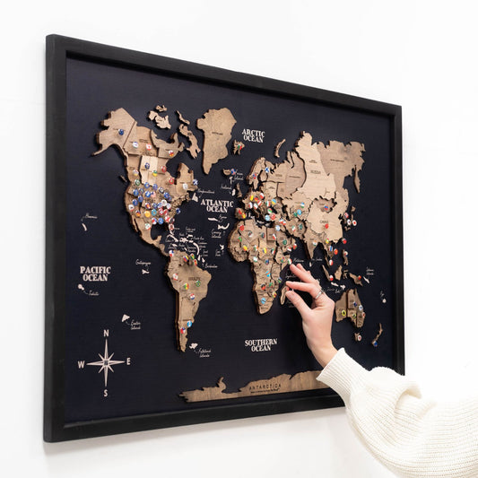 3D wooden panel world map wall art in Terra background