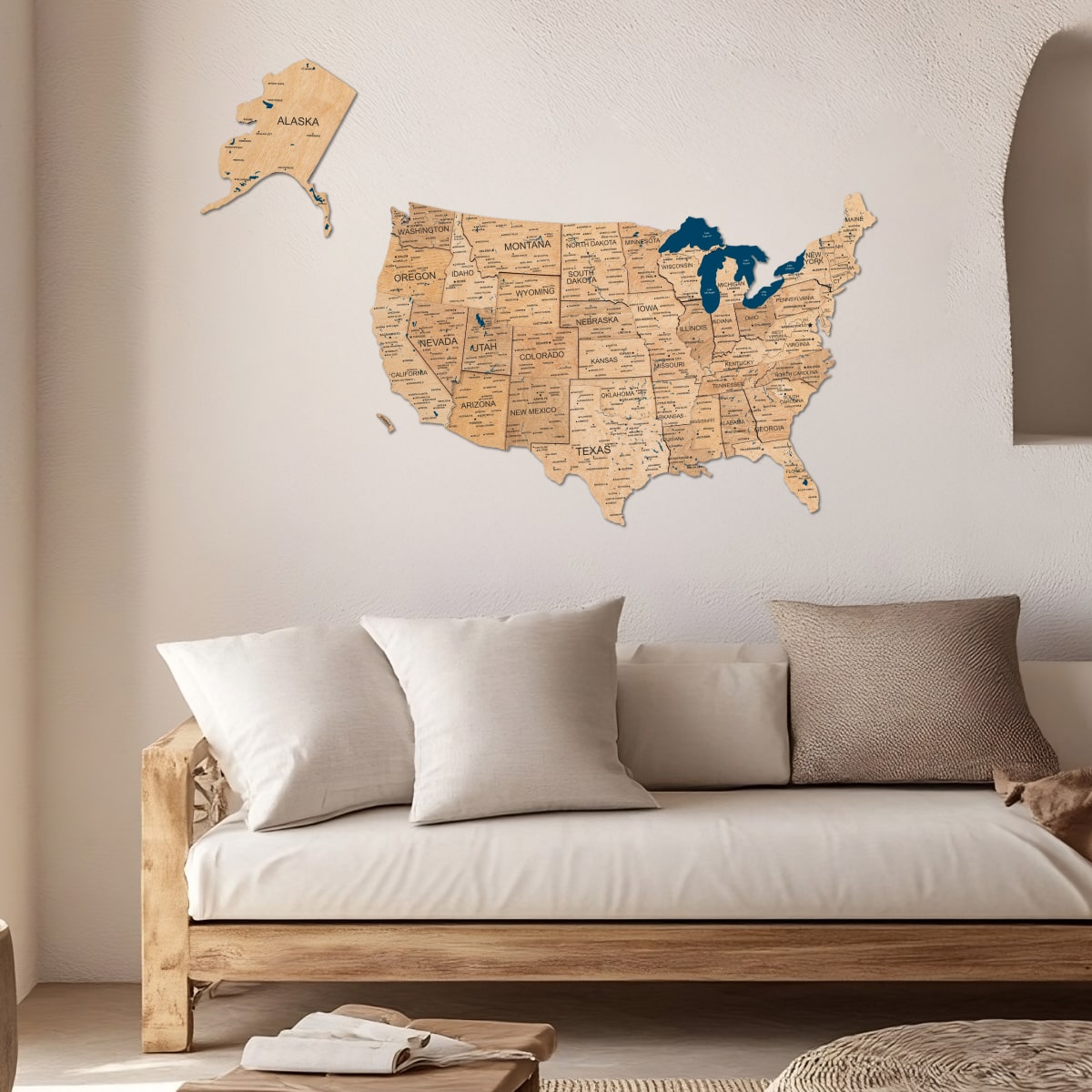 Wood 3D USA map wall art in gold finish on a wall