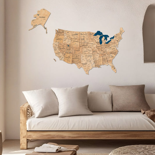 Wood 3D USA map wall art in gold finish on a wall