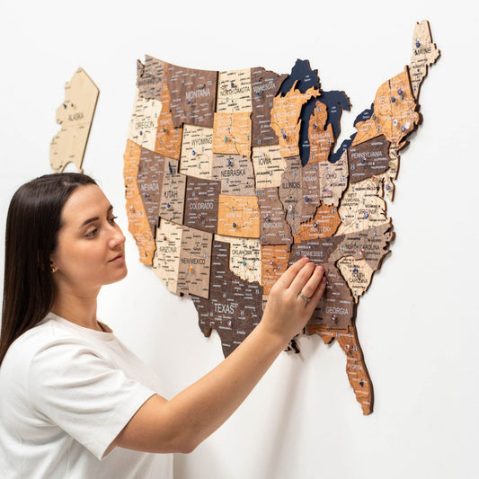 Wood 3D USA map wall art in multicolor finish on a wall