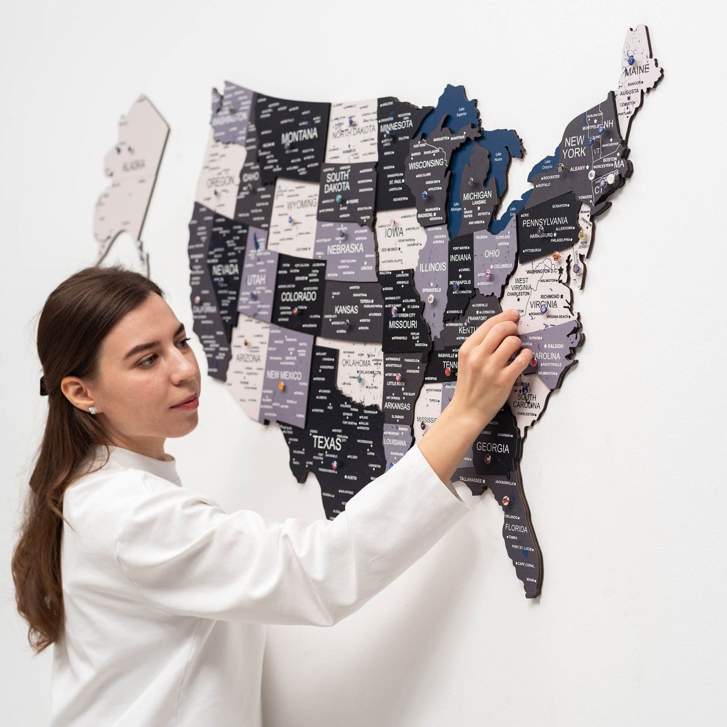 Wood 3D USA map wall art in Nordik finish on a wall