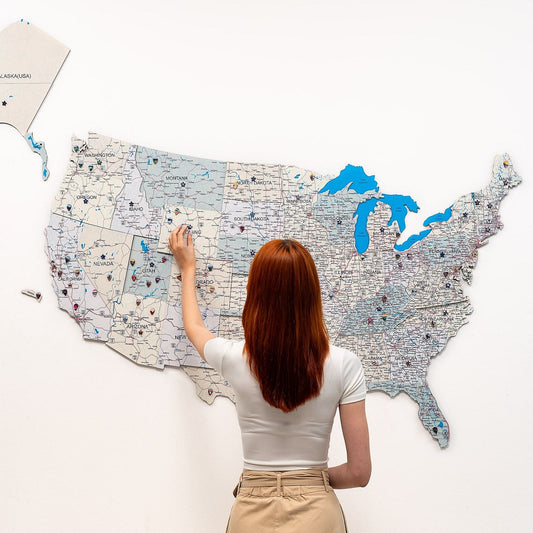 Wooden USA map wall art with Alaska panel on a wall