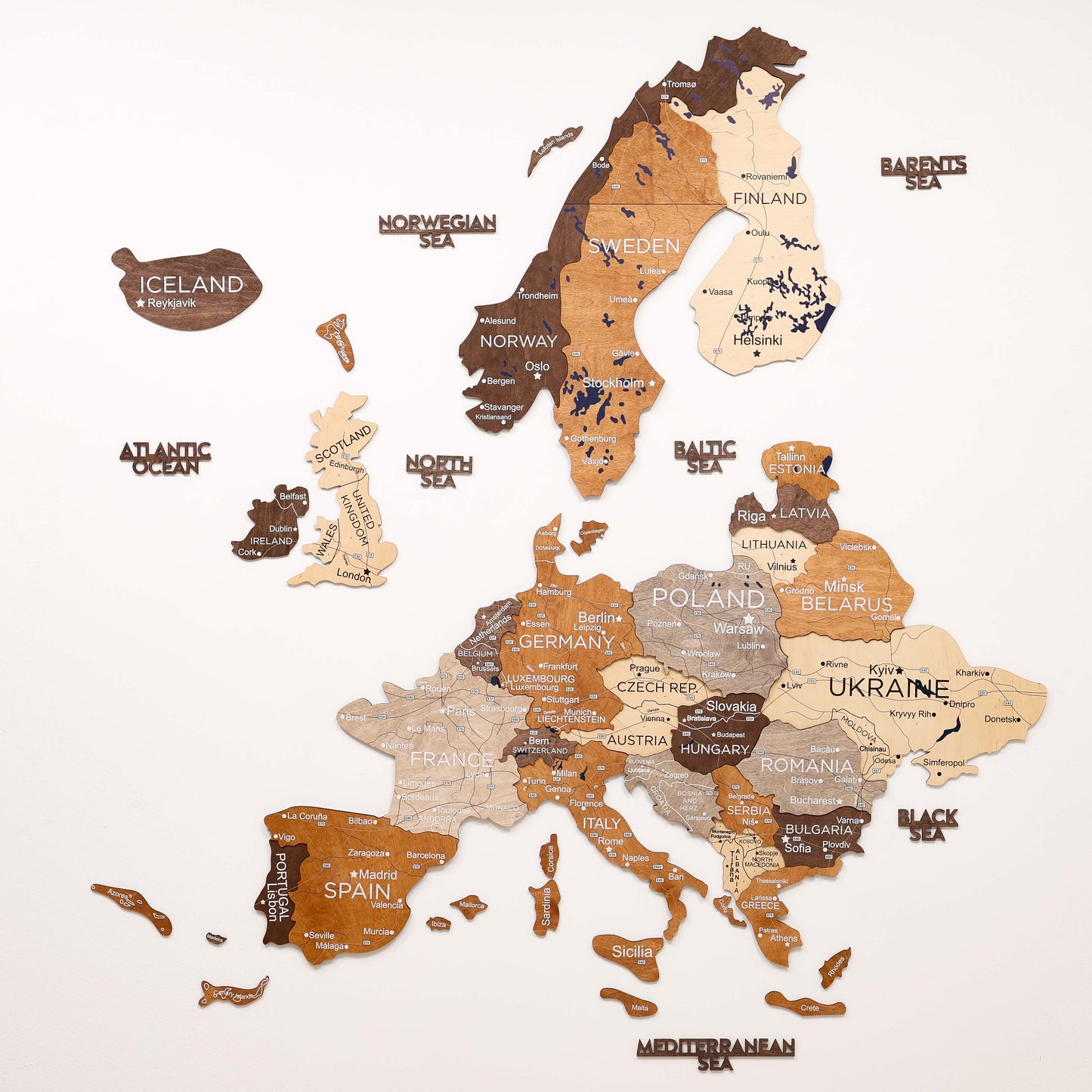 3D Wooden Europe Map Wall Art - Multicolor