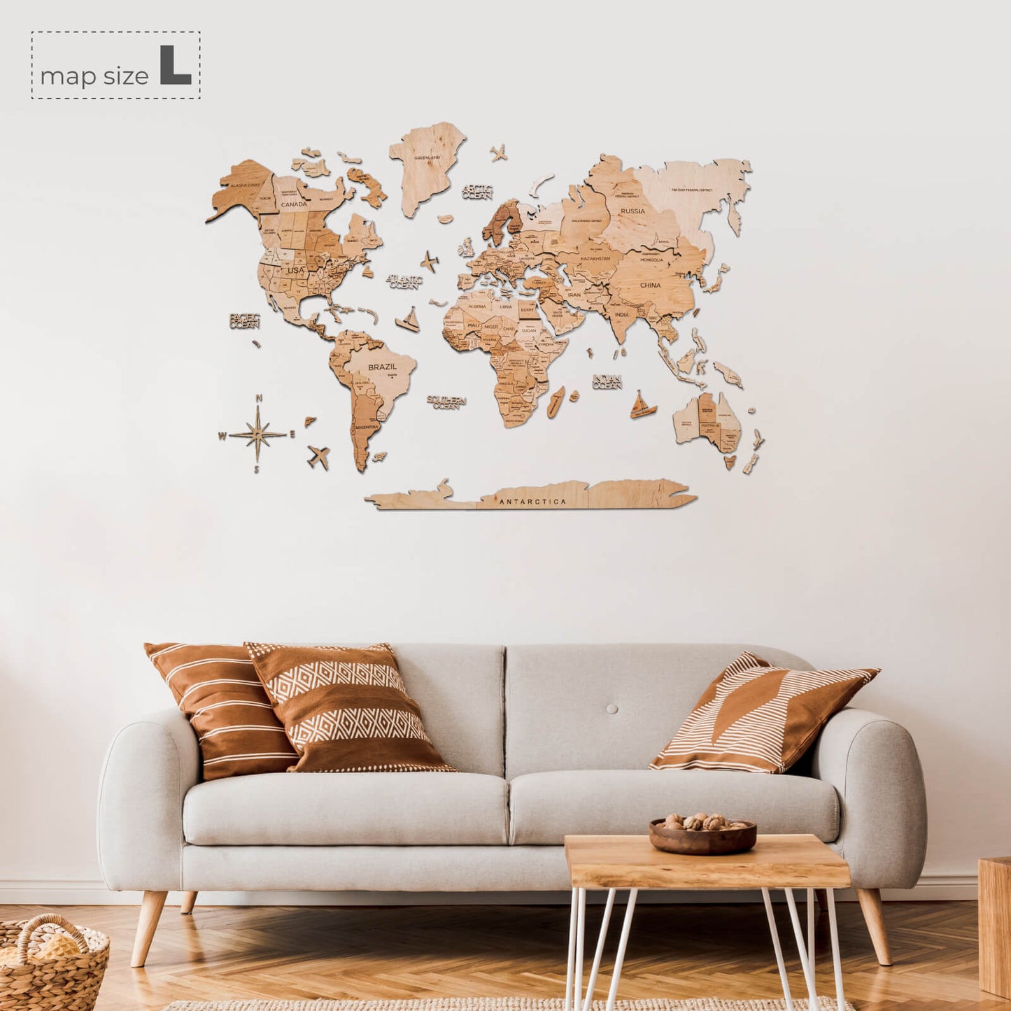 3D Wooden World Map Wall Art - Light