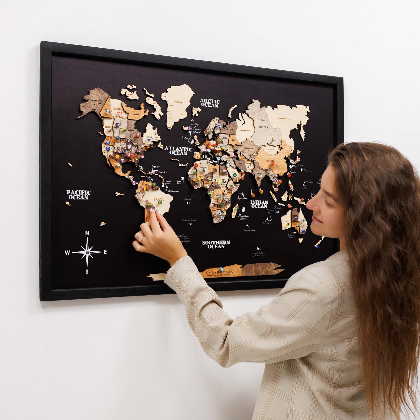 3D wooden panel world map wall art in Multicolor background