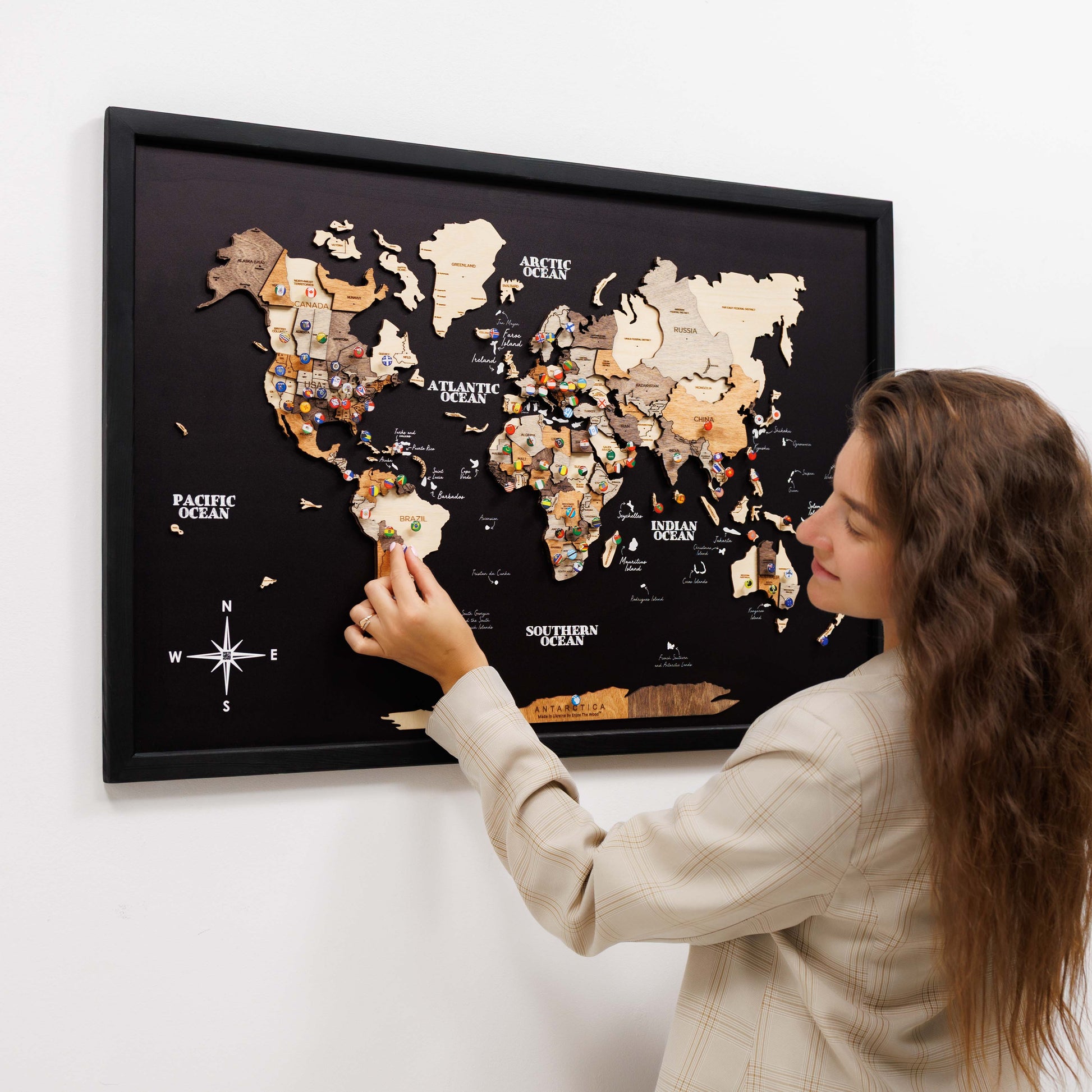 3D wooden panel world map wall art in Multicolor background