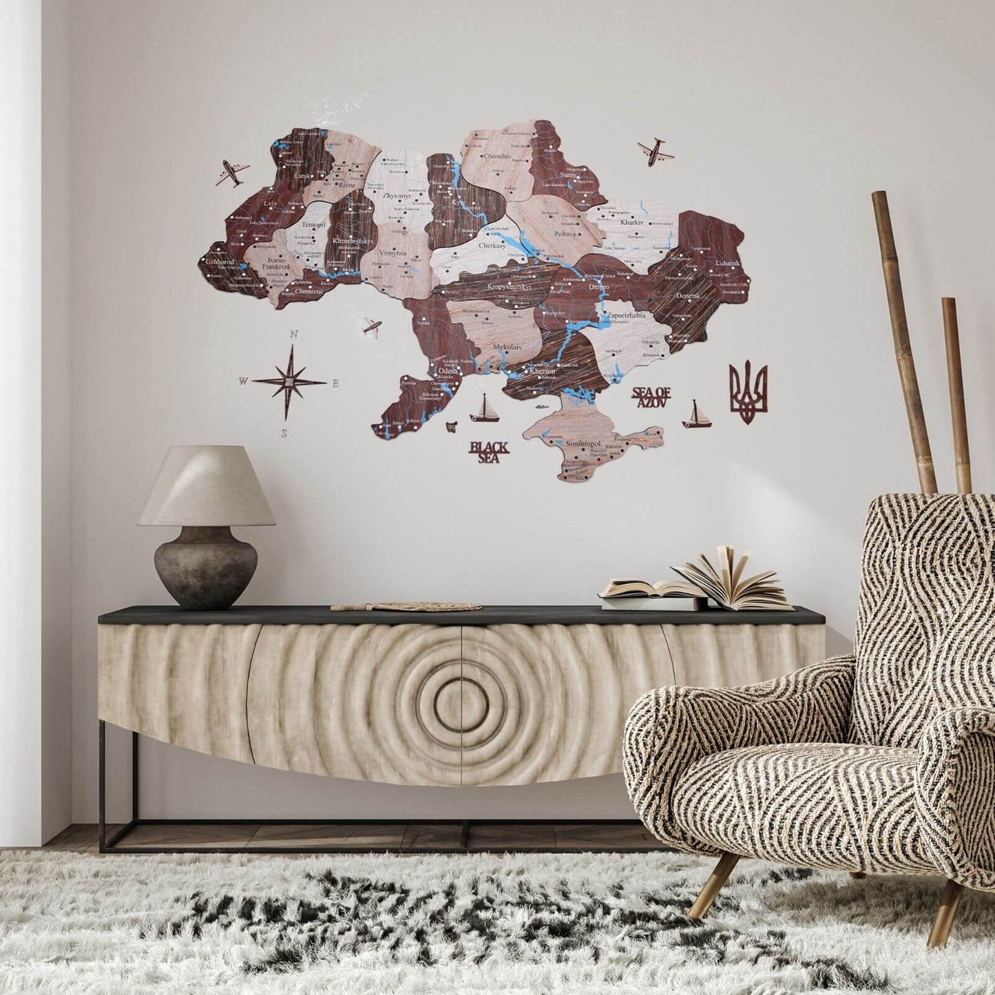 Wooden map of Ukraine wall art with coat of arms on a wall