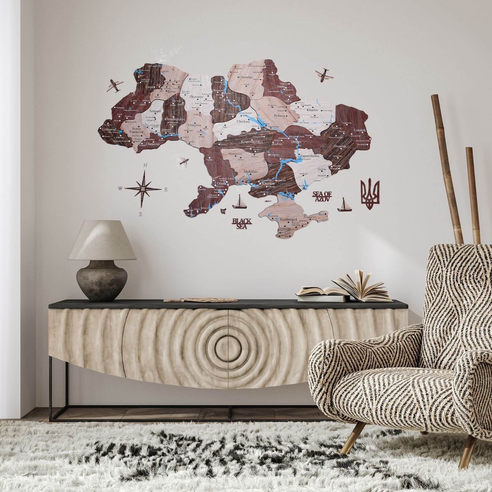 Wooden map of Ukraine wall art with coat of arms on a wall
