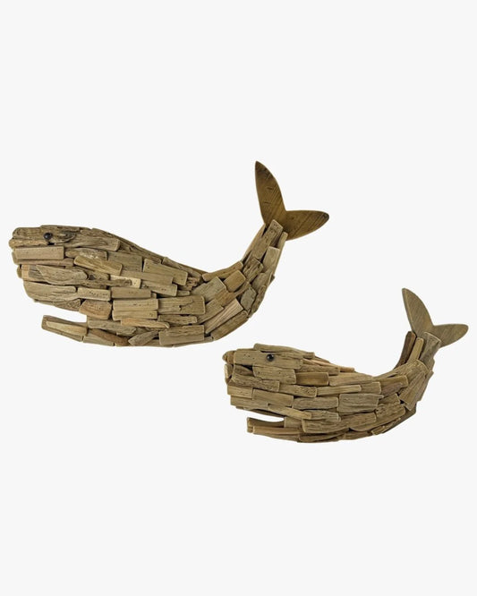 Wooden whale wall art set of two coastal decor