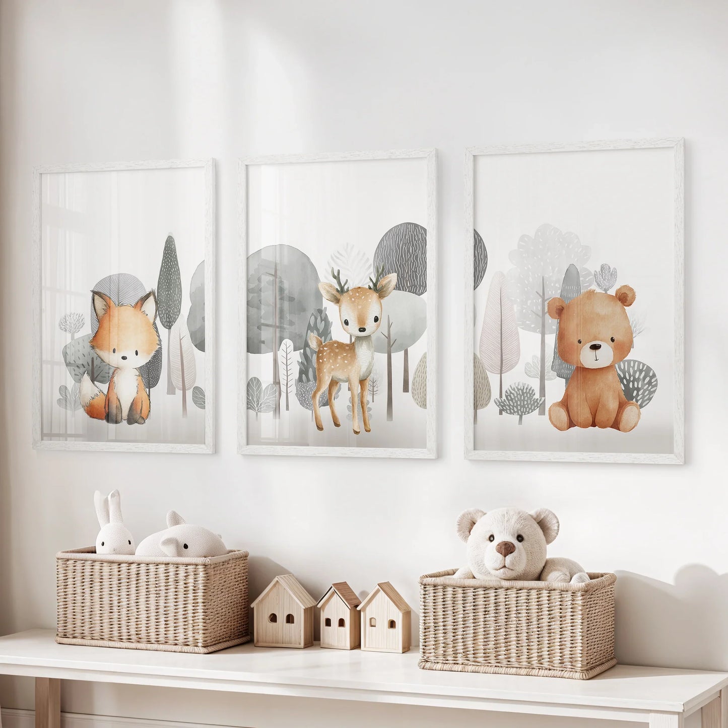 Woodland Animal Nursery Wall Art, Fox Fawn Bear Set of 3