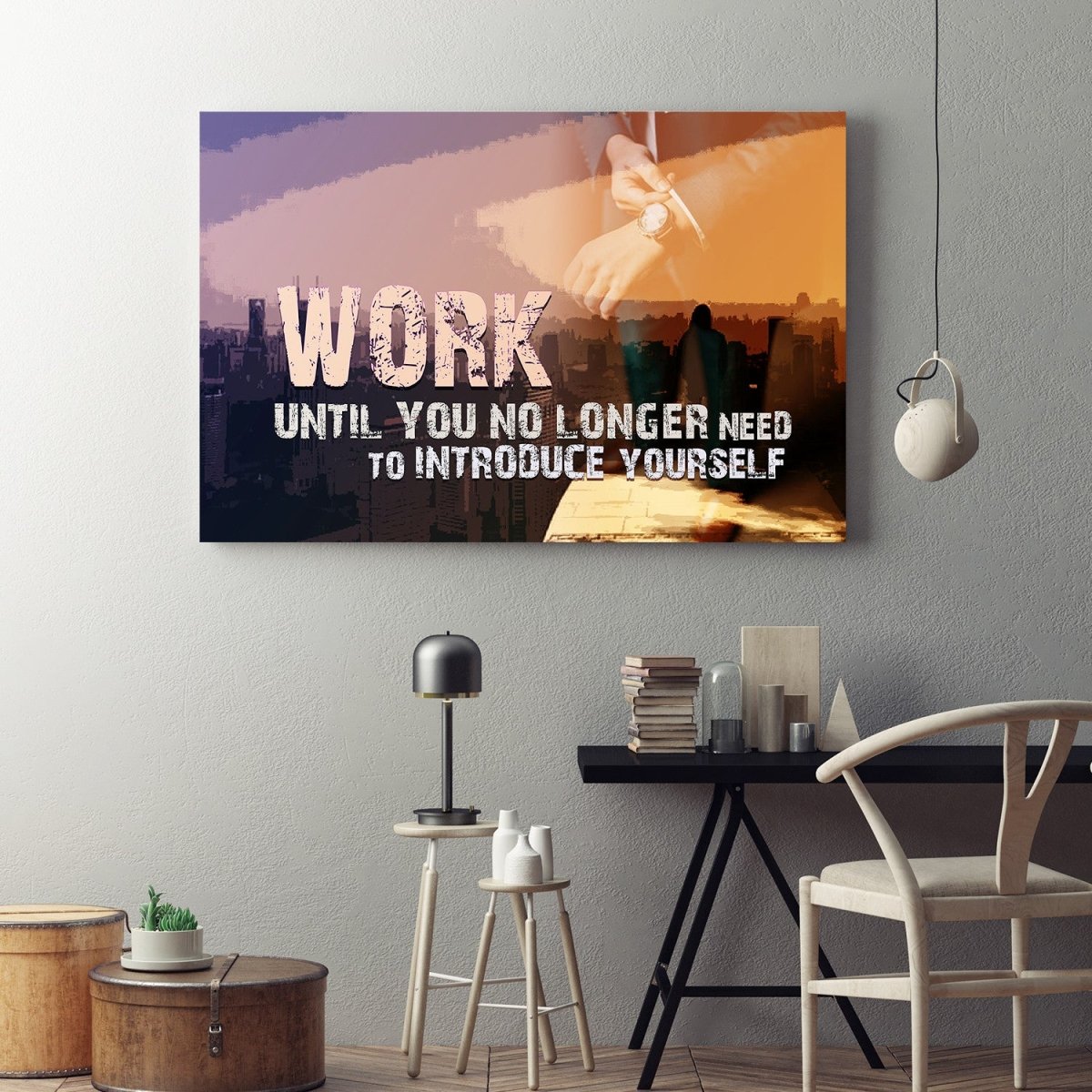Work Until You No Longer Need To Introduce Yourself framed canvas quote wall art in black and white