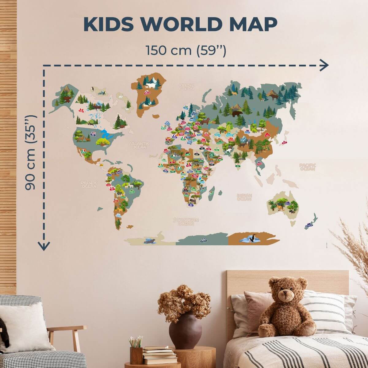 Wooden Kids World Map Wall Art