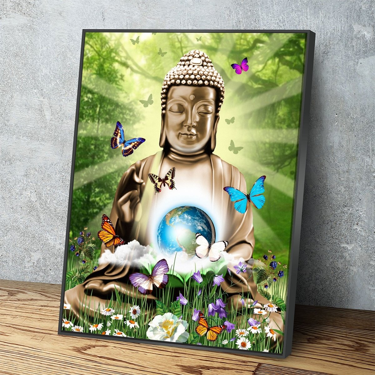 World Peace Buddha canvas wall art in a living room, zen-inspired decor