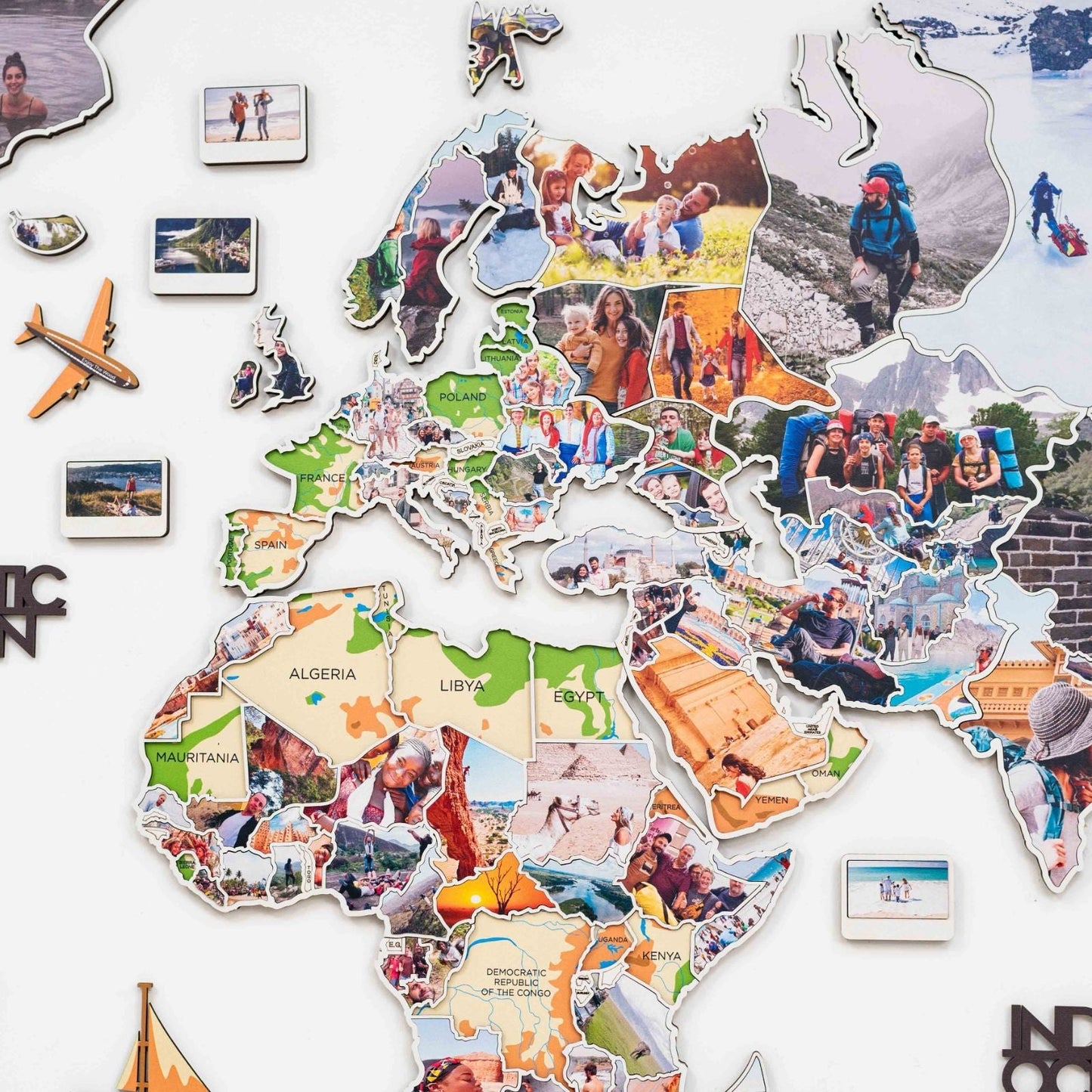 Wood World Map Wall Art With Photo Frames