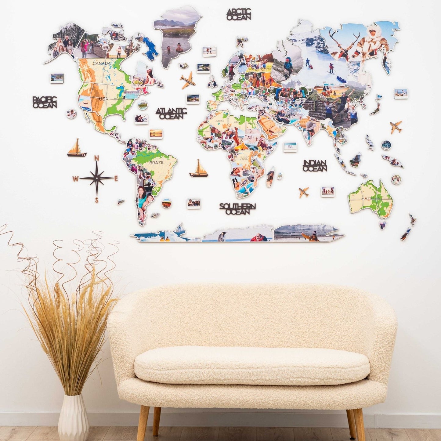 Wood World Map Wall Art With Photo Frames