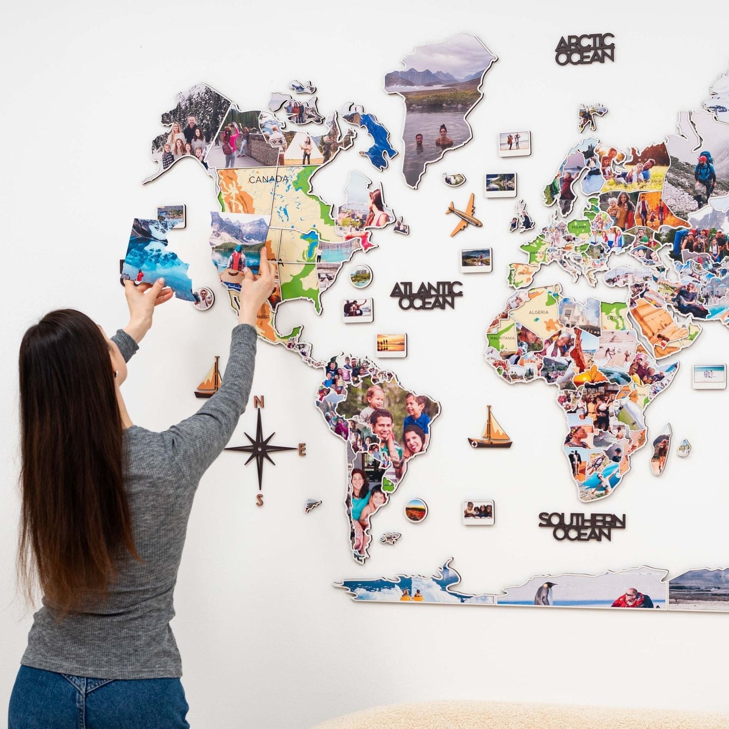 Wood World Map Wall Art With Photo Frames