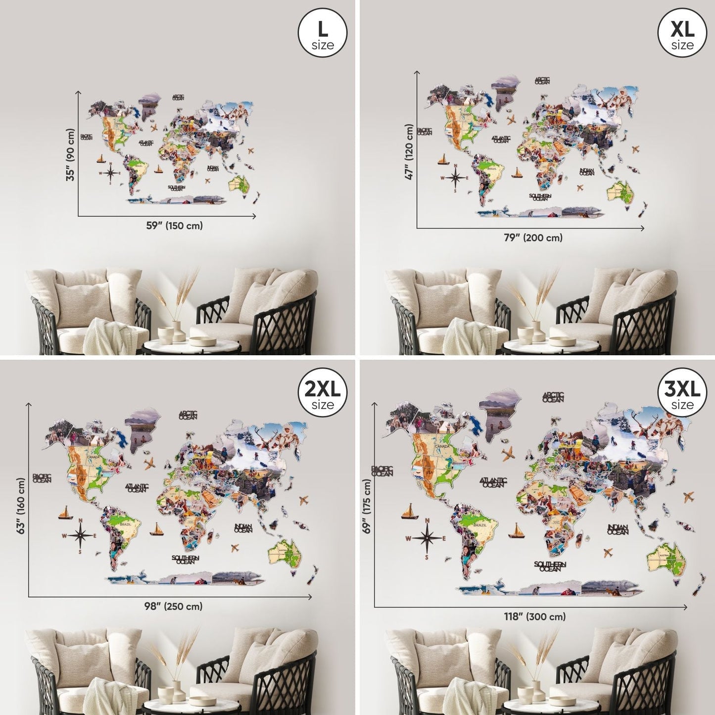 Wood World Map Wall Art With Photo Frames