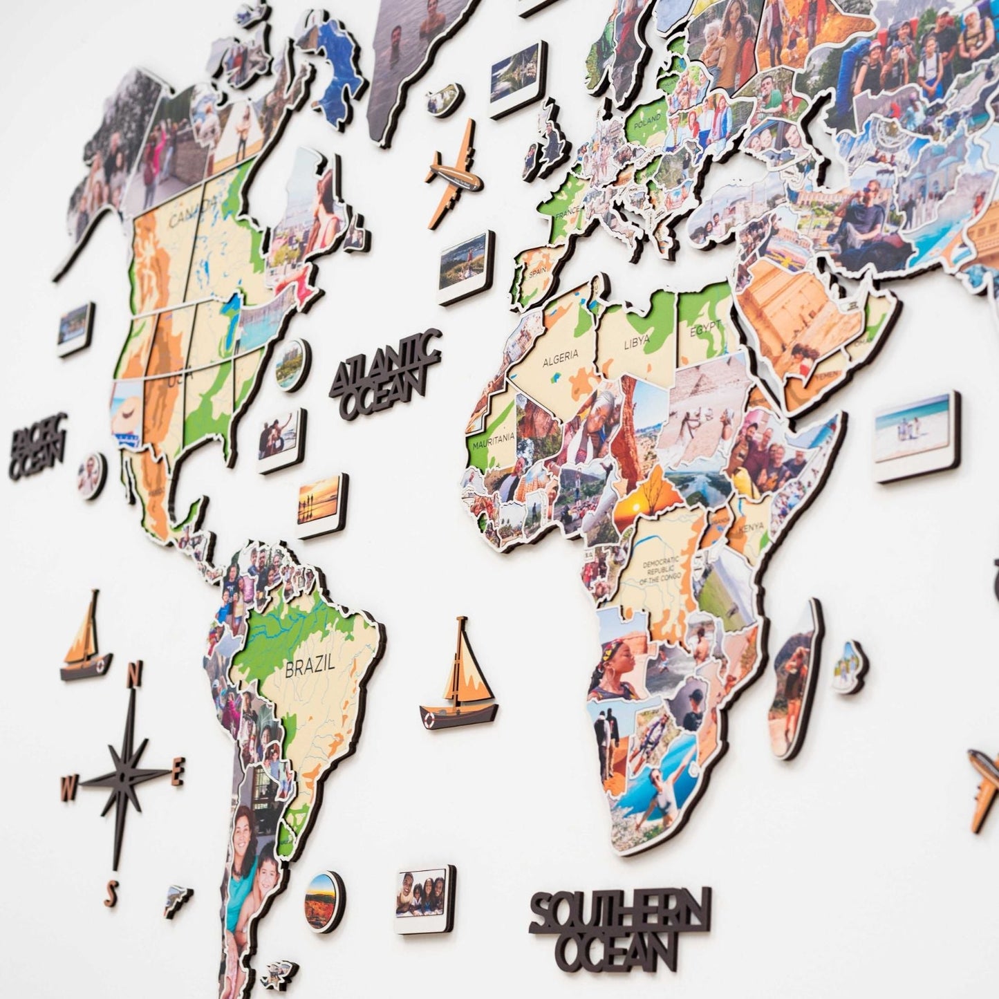 Wood World Map Wall Art With Photo Frames