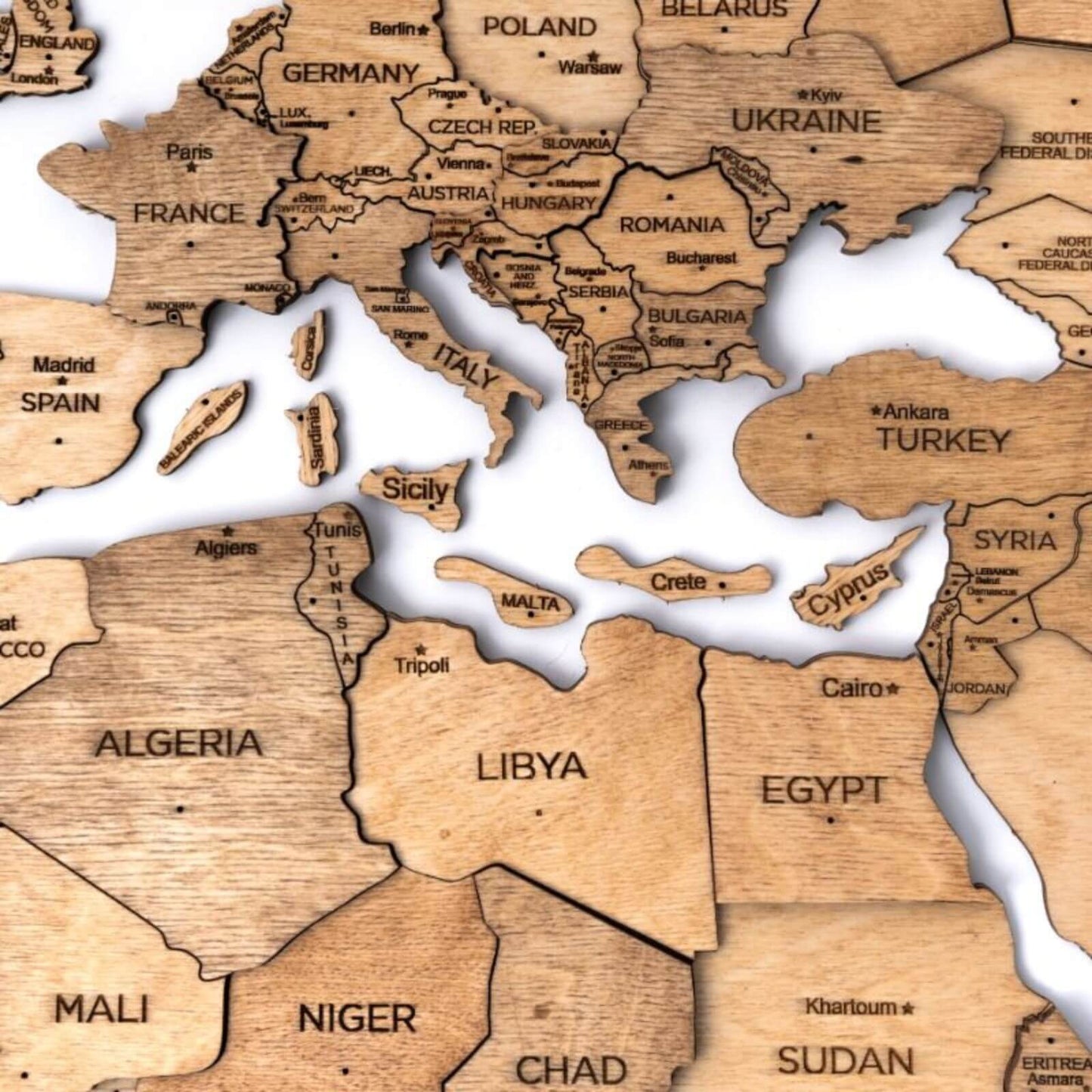 3D Wooden World Map Wall Art - Light