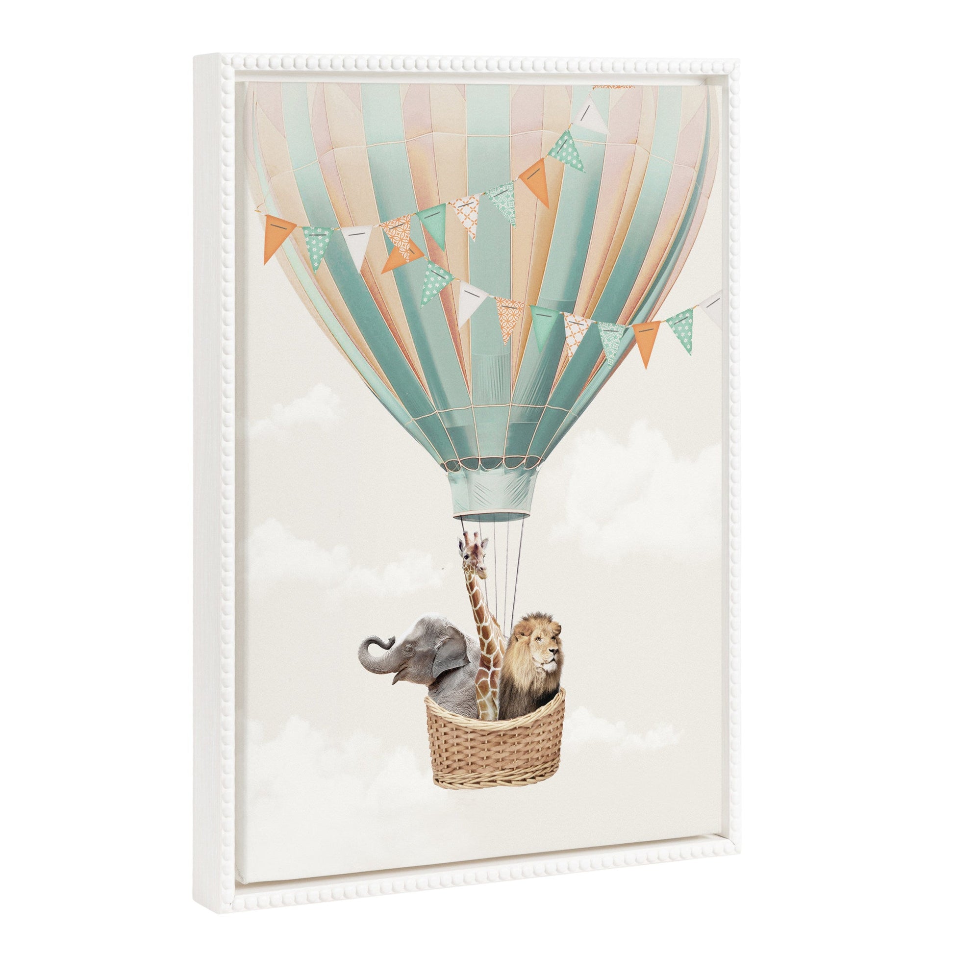 Animals riding colorful hot air balloons, cheerful canvas wall art for kids