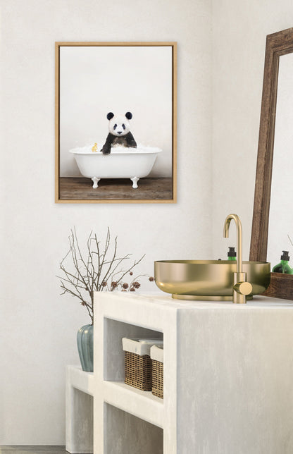 Panda Waving in Rustic Bath Framed Canvas Wall Art