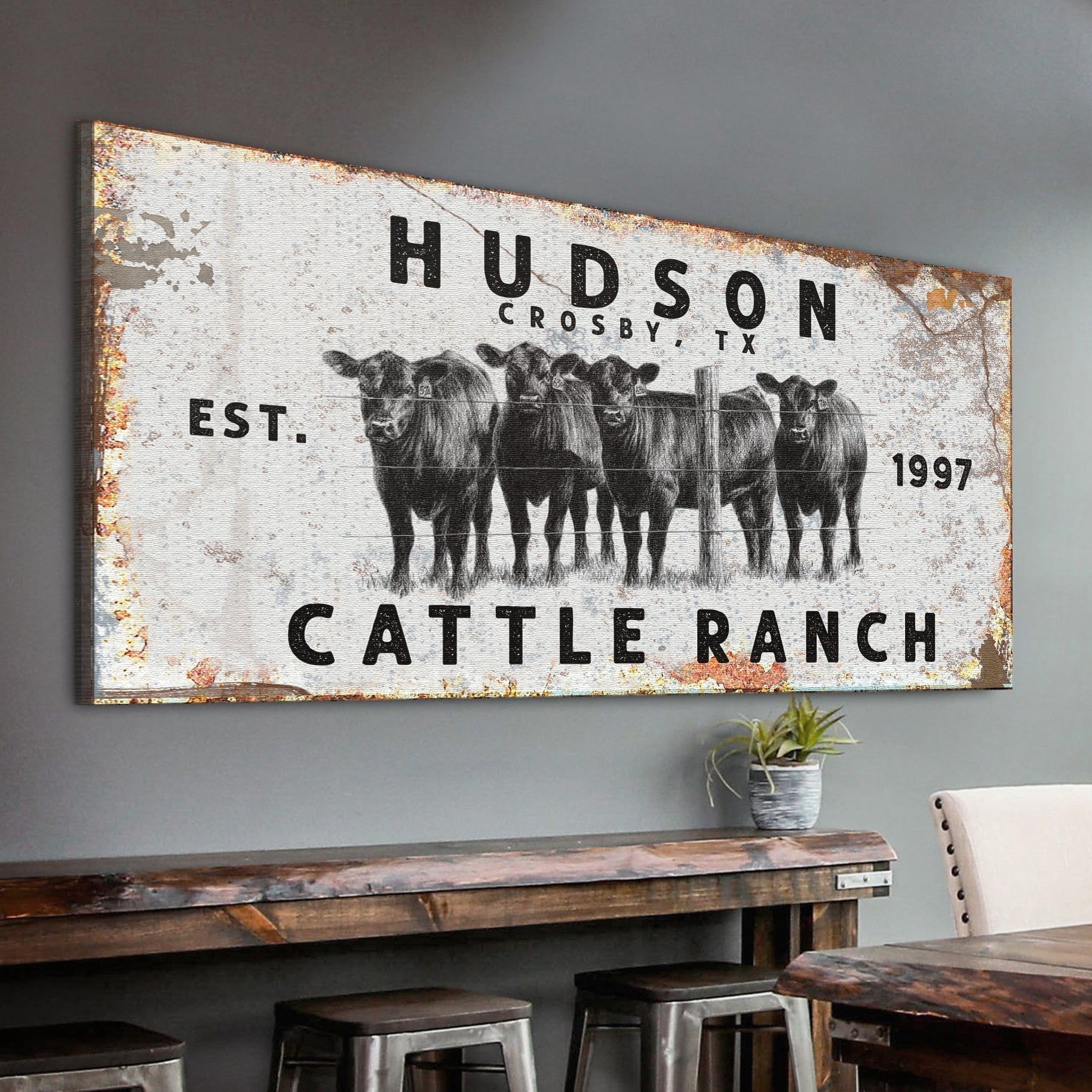 Cattle Ranch rustic canvas wall art in a farmhouse room