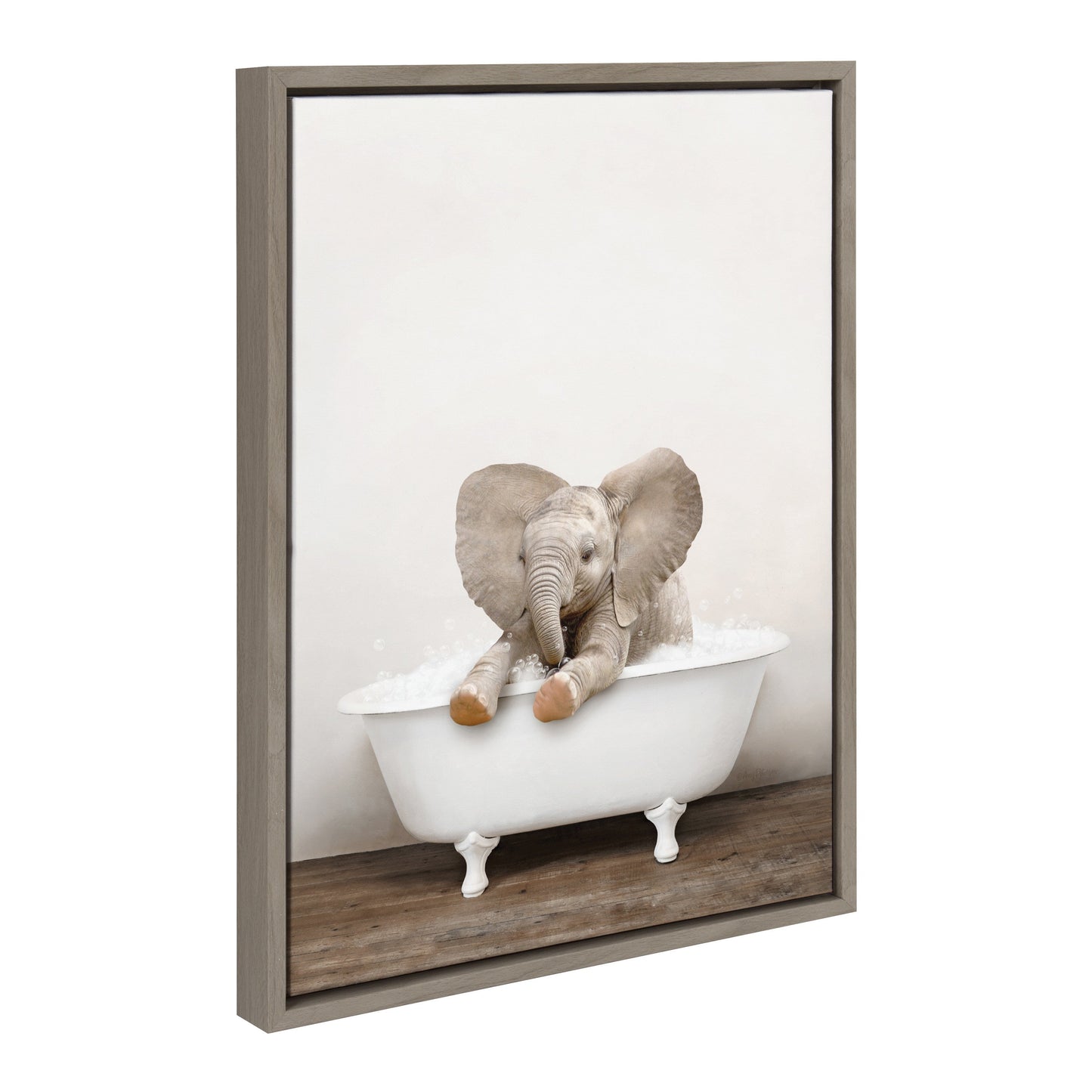 Baby Elephant in Rustic Bath Framed Canvas Wall Art