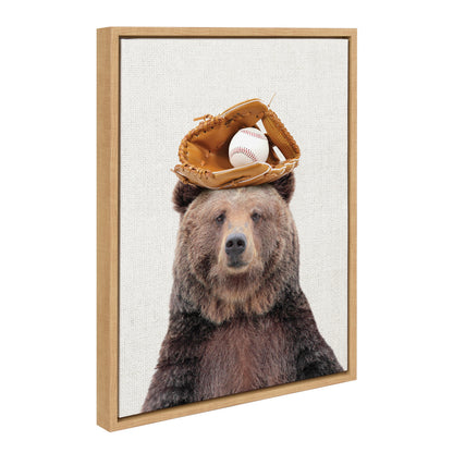 Brown bear baseball framed canvas wall art for a nursery or kids' room, easy to hang