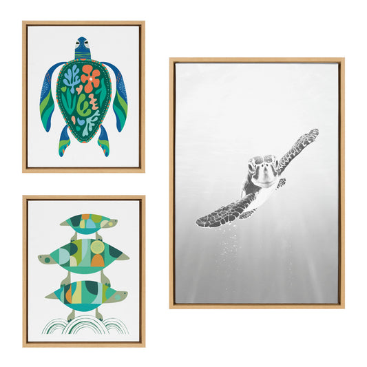 Sea turtle family framed canvas art set, coastal gallery wall