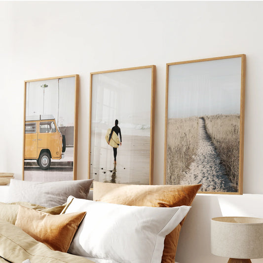 California beach surfer retro van wall art set of 3 prints