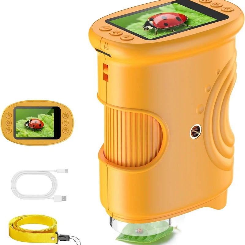 yellow handheld digital microscope set with screen usb cable and strap for kids exploration