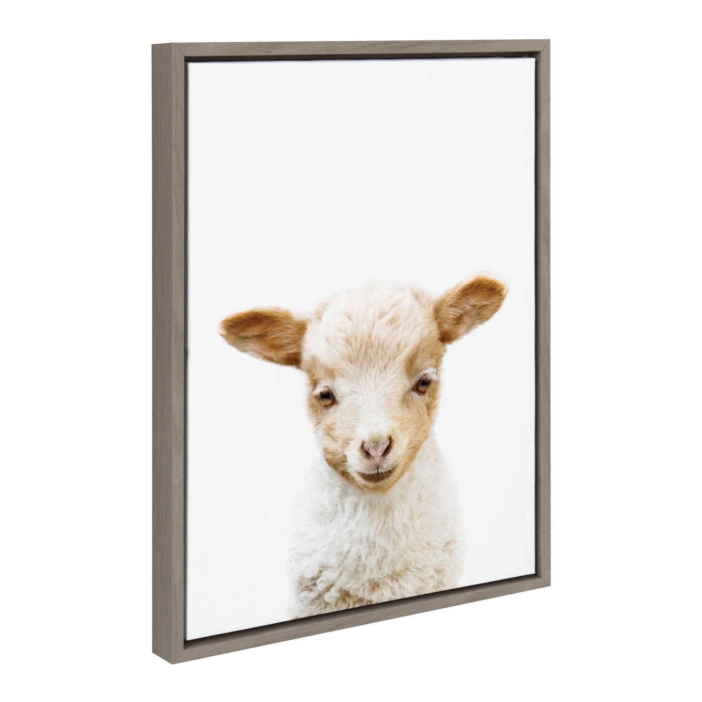 Framed canvas portrait of a fluffy lamb for nursery and farmhouse wall decor
