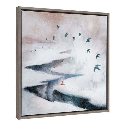 Snow Day fox and birds framed canvas wall art in a winter scene