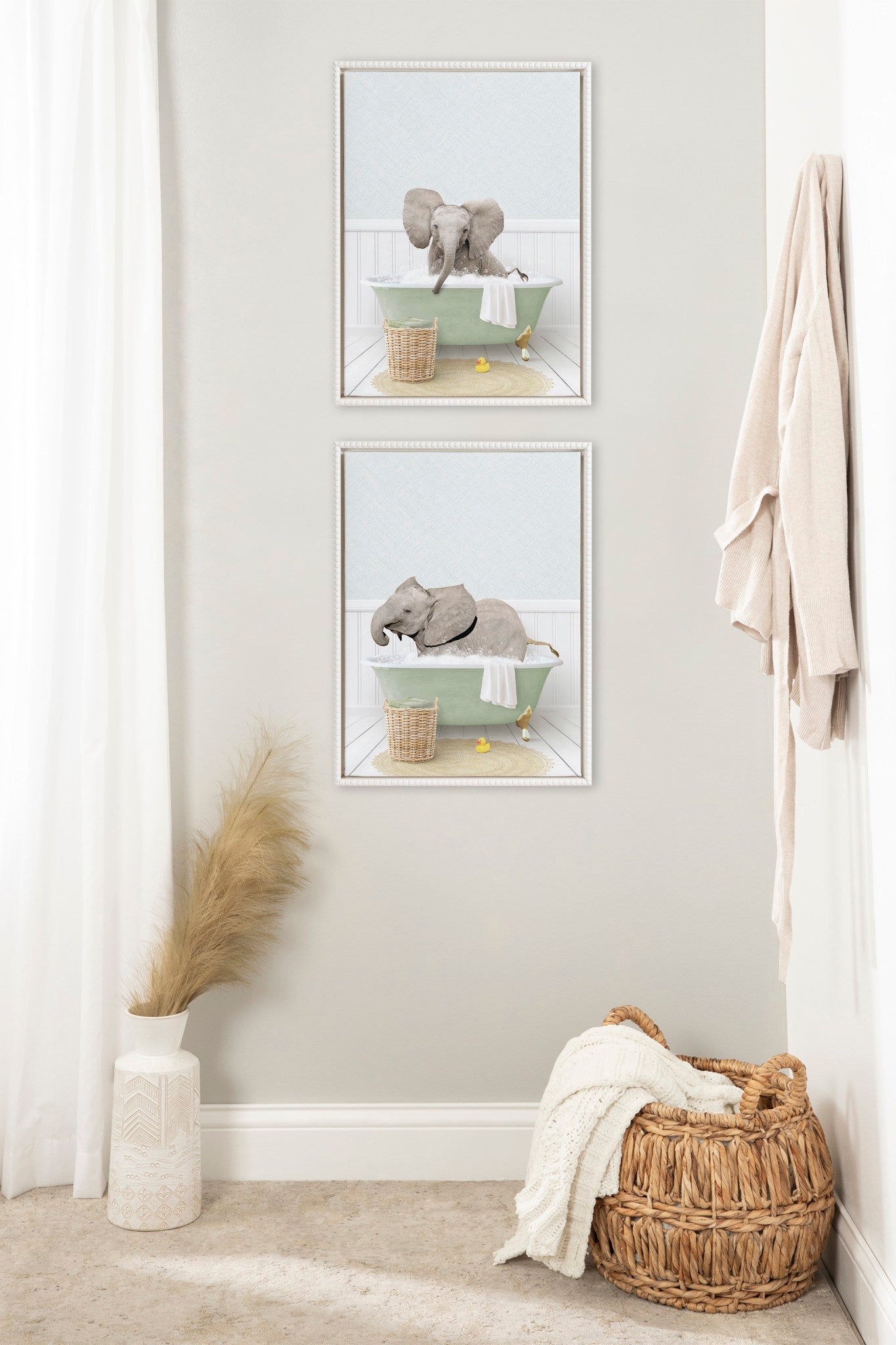 Baby Elephant Side in Cottage Bath Framed Canvas Wall Art