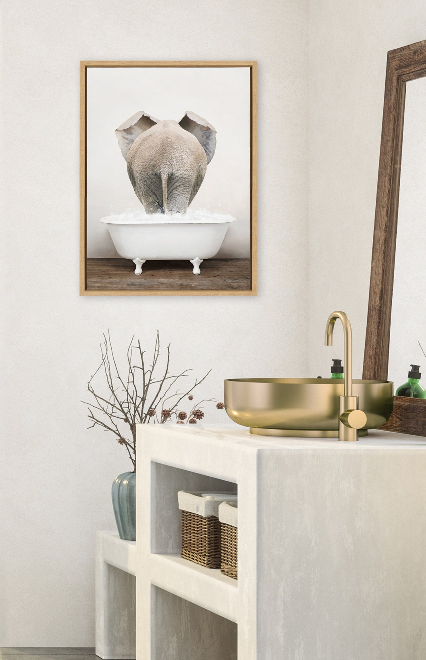 Elephant Back in Rustic Bath Framed Canvas Wall Art