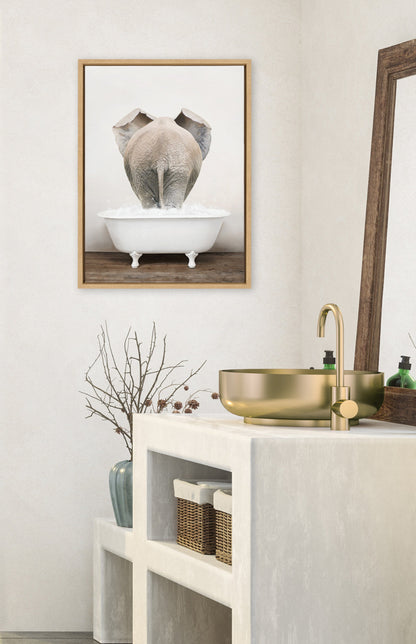 Elephant Back in Rustic Bath Framed Canvas Wall Art