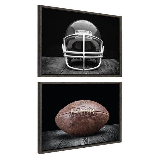 Sylvie Vintage Football Helmet on Black and Vintage Football on Black Framed Canvas Art Set by Saint and Sailor Studios