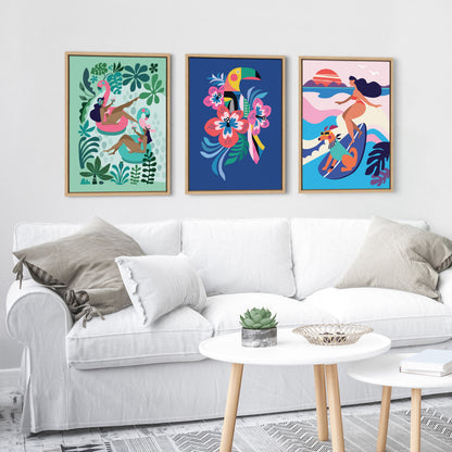 Mid Century Modern Surf Dog Framed Canvas Wall Art