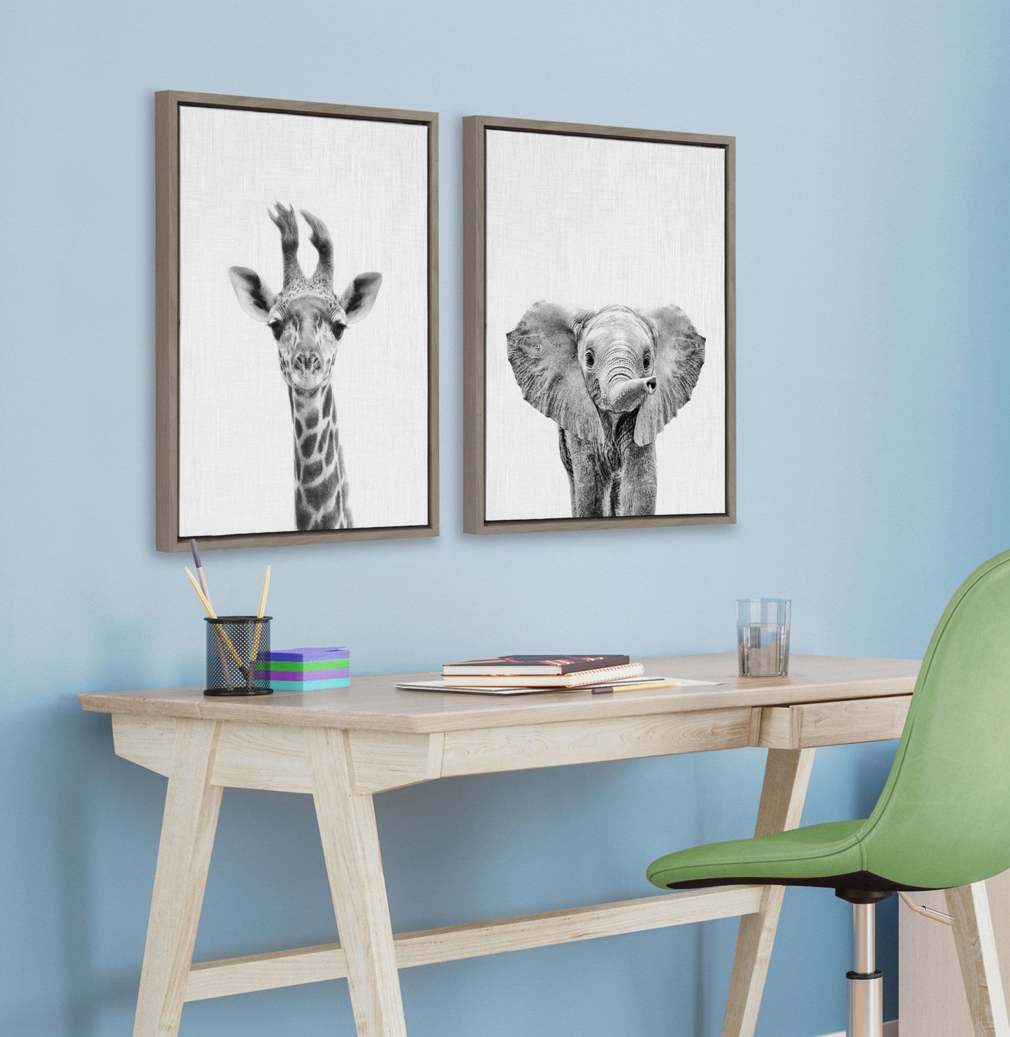 Baby Giraffe and Elephant Framed Canvas Art Set