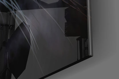Snarling tiger close-up glass wall art edge close-up showing the glossy tempered glass surface