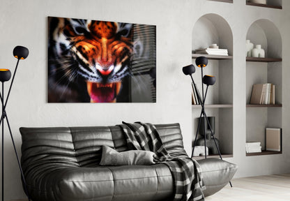 Snarling tiger close-up glass wall art above a black leather sofa beside arched white shelves