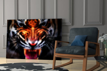 Snarling tiger close-up glass wall art leaning behind a blue armchair on a cowhide rug