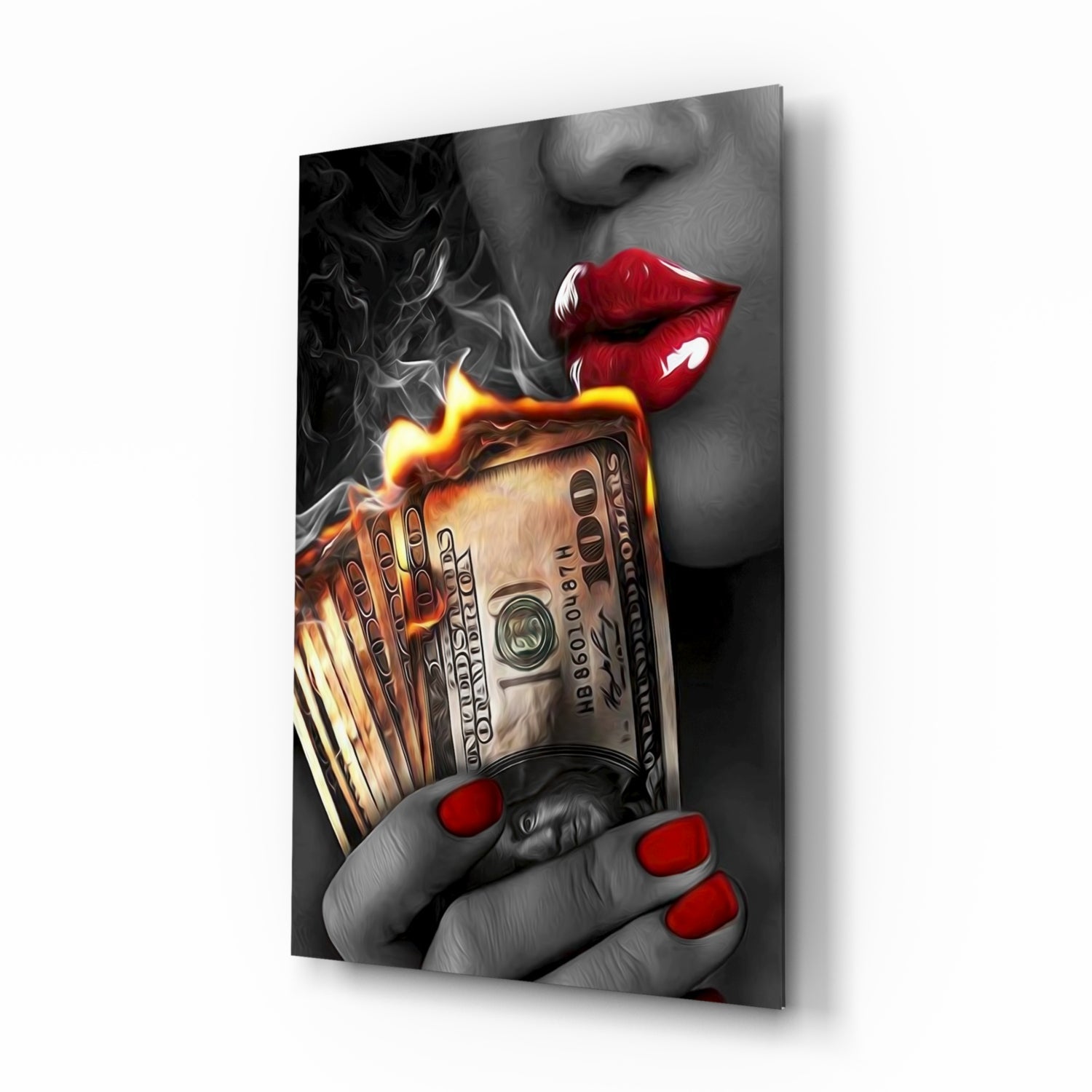 Burn the Money Glass Wall Art pop-art portrait