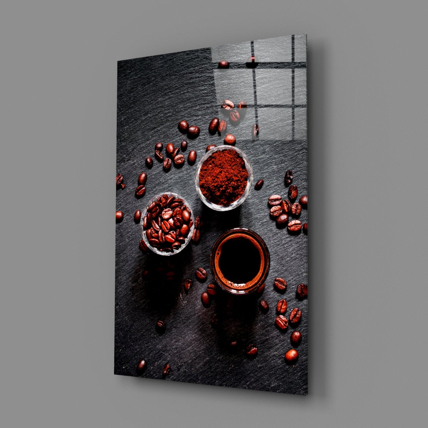 Overhead Coffee Beans and Grounds Glass Wall Art