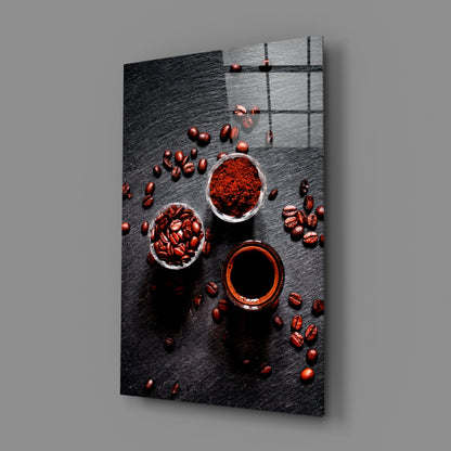 Overhead Coffee Beans and Grounds Glass Wall Art