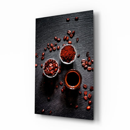 Overhead Coffee Beans and Grounds Glass Wall Art