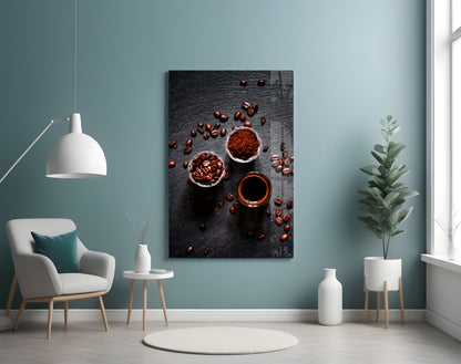 Overhead Coffee Beans and Grounds Glass Wall Art