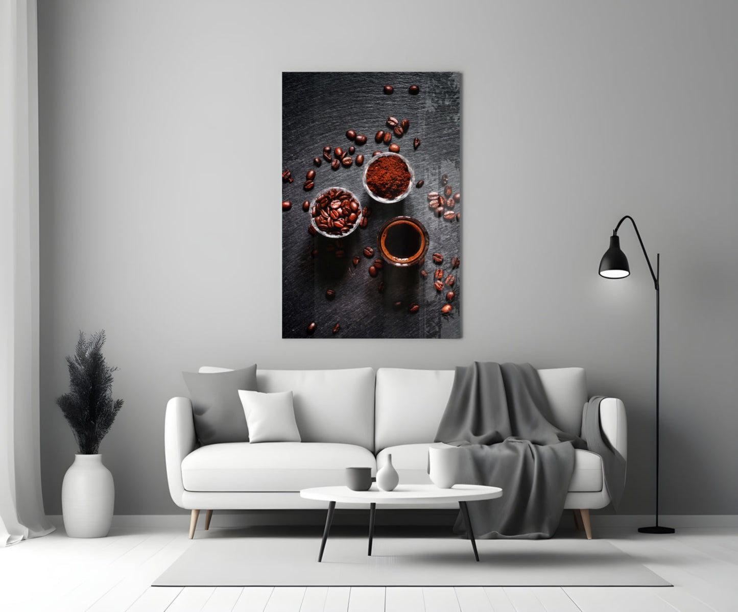 Overhead Coffee Beans and Grounds Glass Wall Art