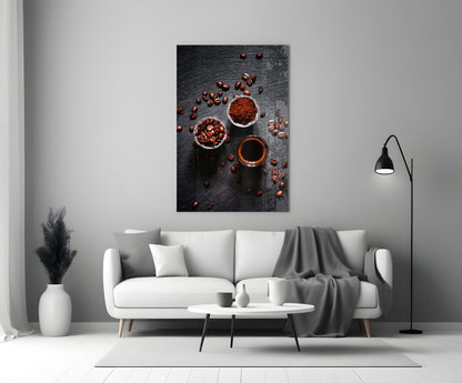 Overhead Coffee Beans and Grounds Glass Wall Art