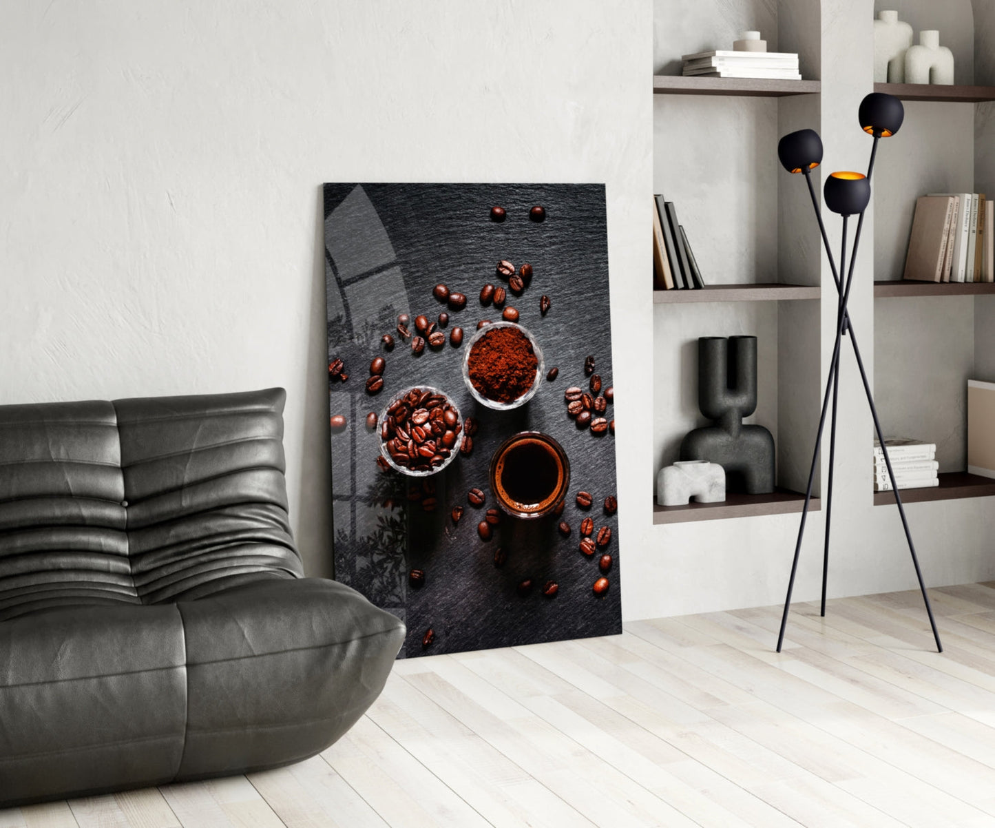 Overhead Coffee Beans and Grounds Glass Wall Art